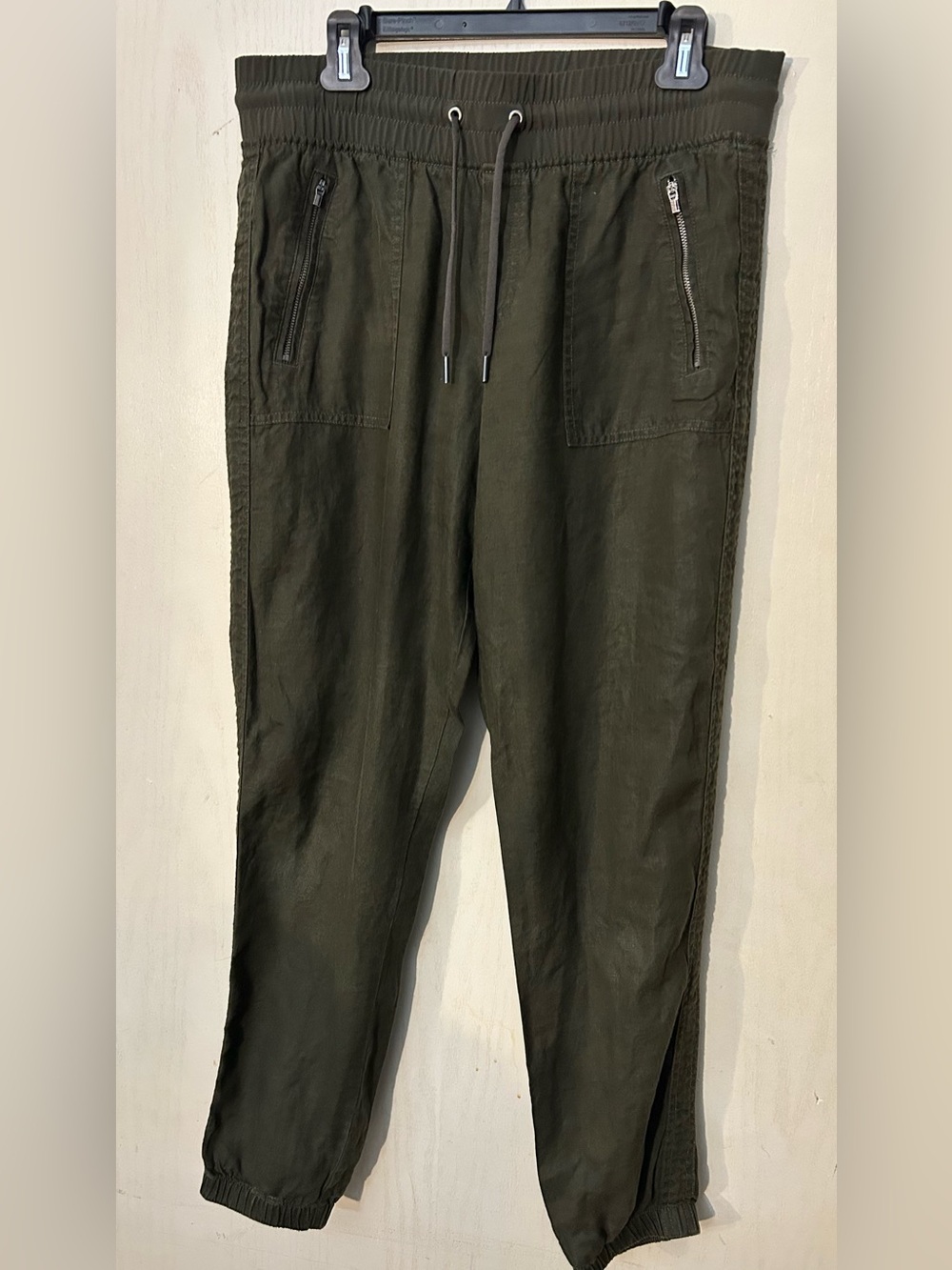 Athleta 100% Linen Jogger Pants Size 10 Tall Olive Green Drawstring